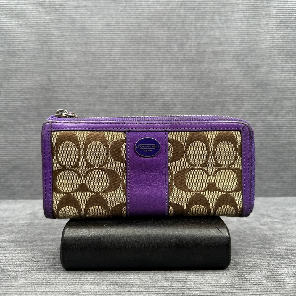 Coach Signature Canvas Zip Around Wallet Purple Leather Trim Brown Jacquard Y2k
